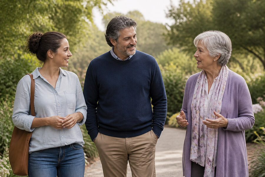 Three adults at different stages of life walking and talking together in a garden.