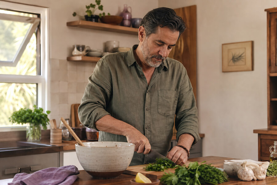 Adult man preparing a meaningful family recipe in his home kitchen.