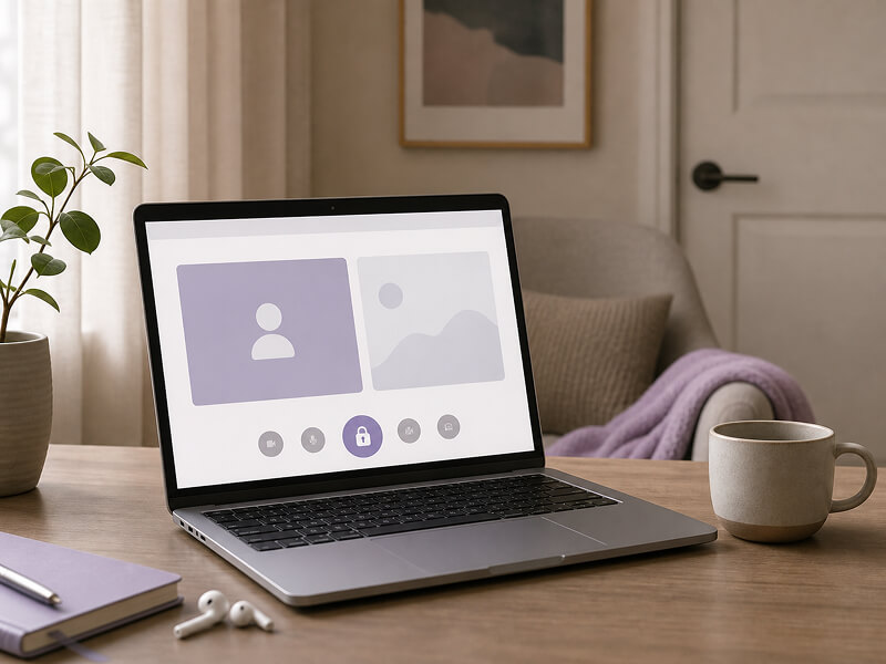 Laptop prepared for a secure telehealth psychiatry visit in a private and comfortable home setting.