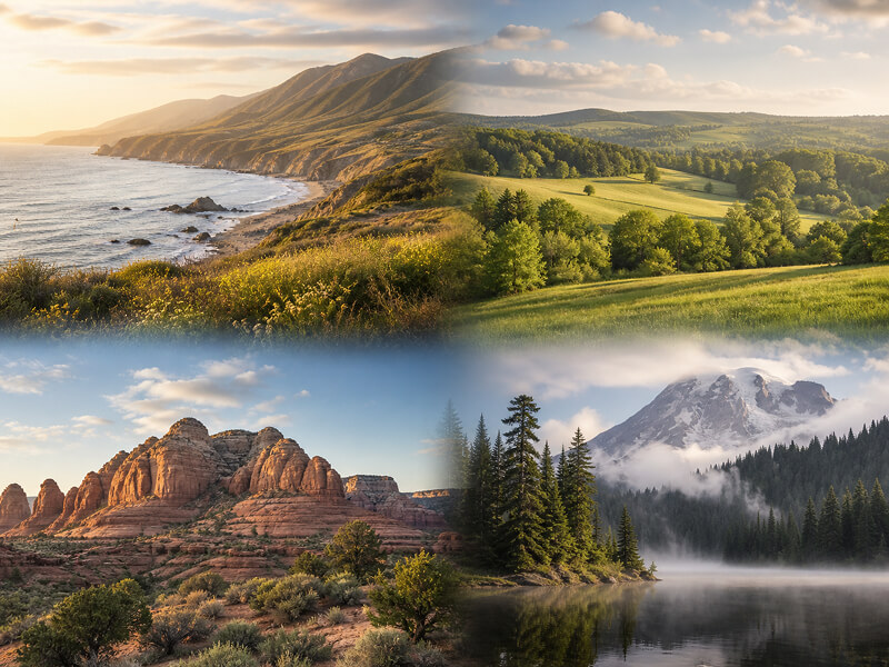 Landscapes representing California, Ohio, Utah and Washington, where virtual psychiatric care is available.